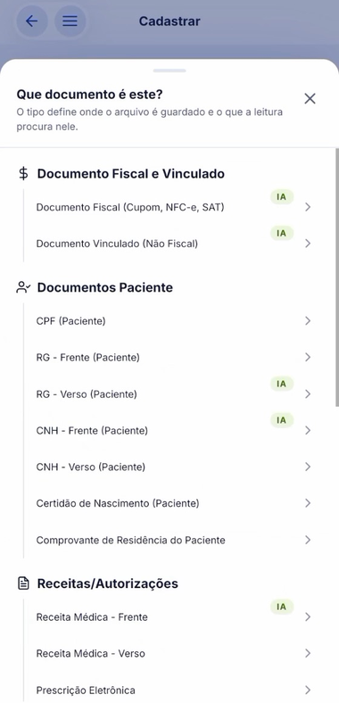 Tela do aplicativo reconhecendo o tipo de documento da autorização