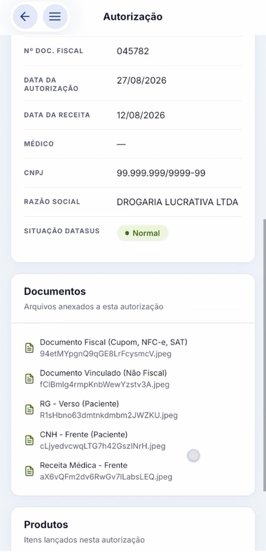 Tela do aplicativo com a situação no DATASUS e os arquivos reunidos na mesma autorização