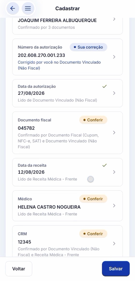 Tela do aplicativo preenchendo o cadastro a partir da leitura do documento